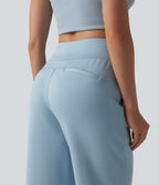 High Waisted Drawstring Straight Leg Capri Casual Trousers with Pockets — Light Foggy Blue — view 4