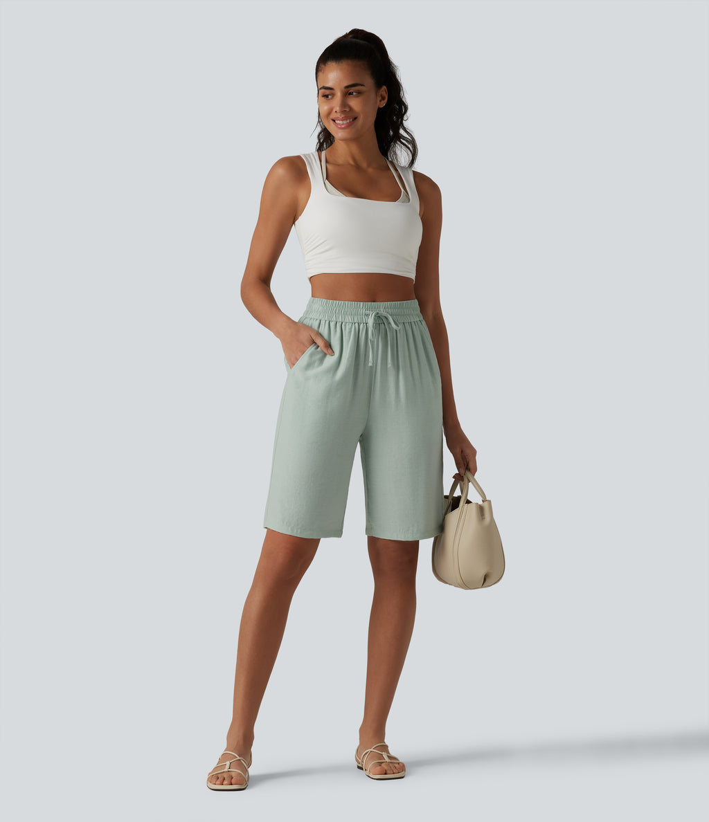 High Waisted Drawstring Casual Linen-Blend Bermuda Shorts 10'' with Pockets — Aqua Gray — view 8