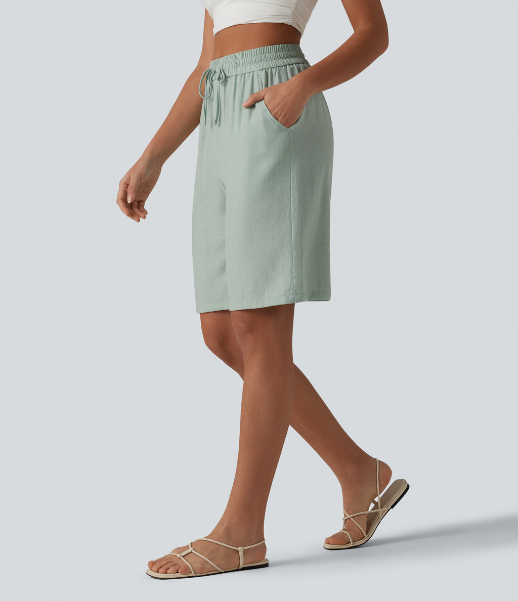 High Waisted Drawstring Casual Linen-Blend Bermuda Shorts 10'' with Pockets — Aqua Gray — view 4