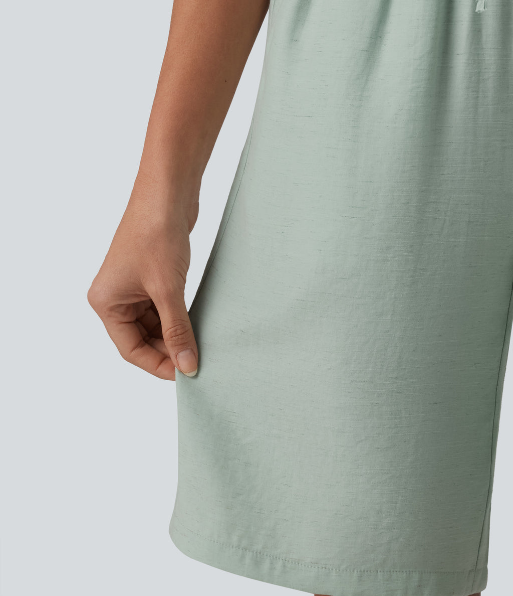 High Waisted Drawstring Casual Linen-Blend Bermuda Shorts 10'' with Pockets — Aqua Gray — view 7