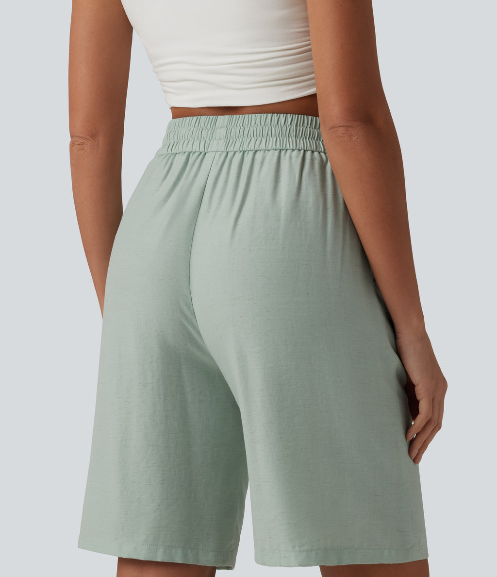 High Waisted Drawstring Casual Linen-Blend Bermuda Shorts 10'' with Pockets — Aqua Gray — view 5