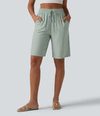 High Waisted Drawstring Casual Linen-Blend Bermuda Shorts 10'' with Pockets — Aqua Gray — view 1