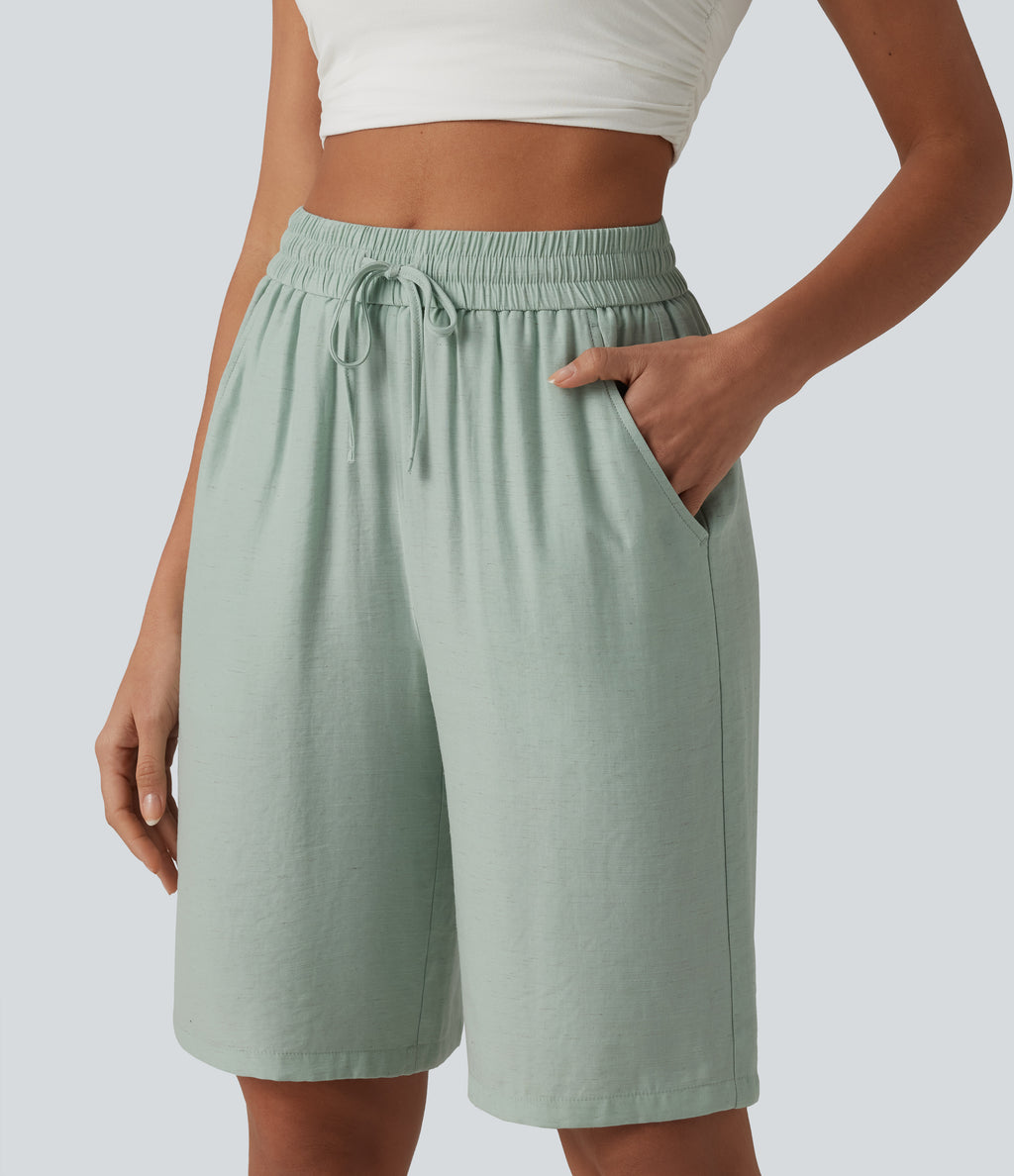 High Waisted Drawstring Casual Linen-Blend Bermuda Shorts 10'' with Pockets — Aqua Gray — view 6