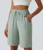 High Waisted Drawstring Casual Linen-Blend Bermuda Shorts 10'' with Pockets — Aqua Gray — view 6