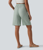 High Waisted Drawstring Casual Linen-Blend Bermuda Shorts 10'' with Pockets — Aqua Gray — view 3