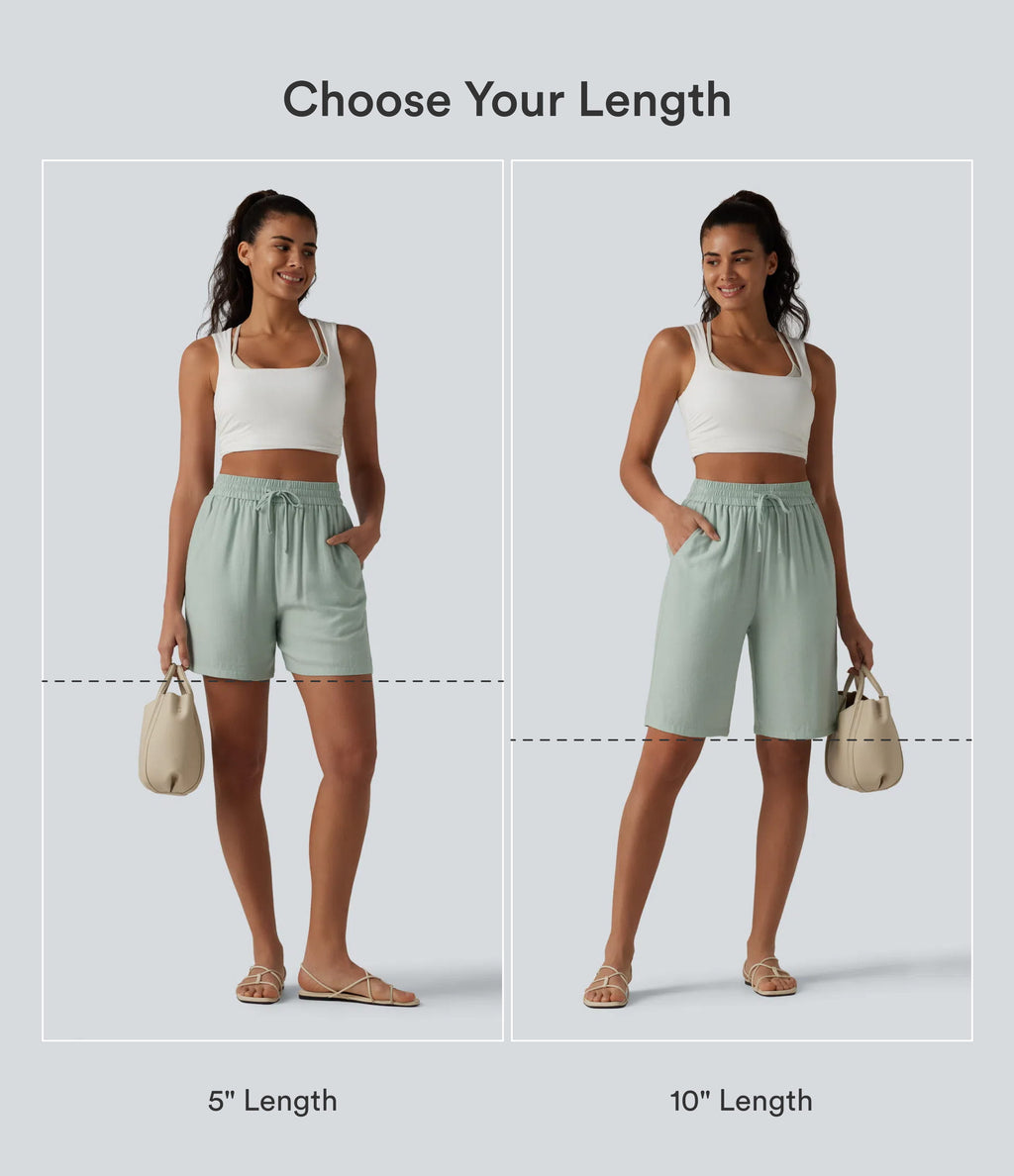 High Waisted Drawstring Casual Linen-Blend Bermuda Shorts 10'' with Pockets — Aqua Gray — view 2