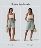 High Waisted Drawstring Casual Linen-Blend Bermuda Shorts 10'' with Pockets — Aqua Gray — view 2