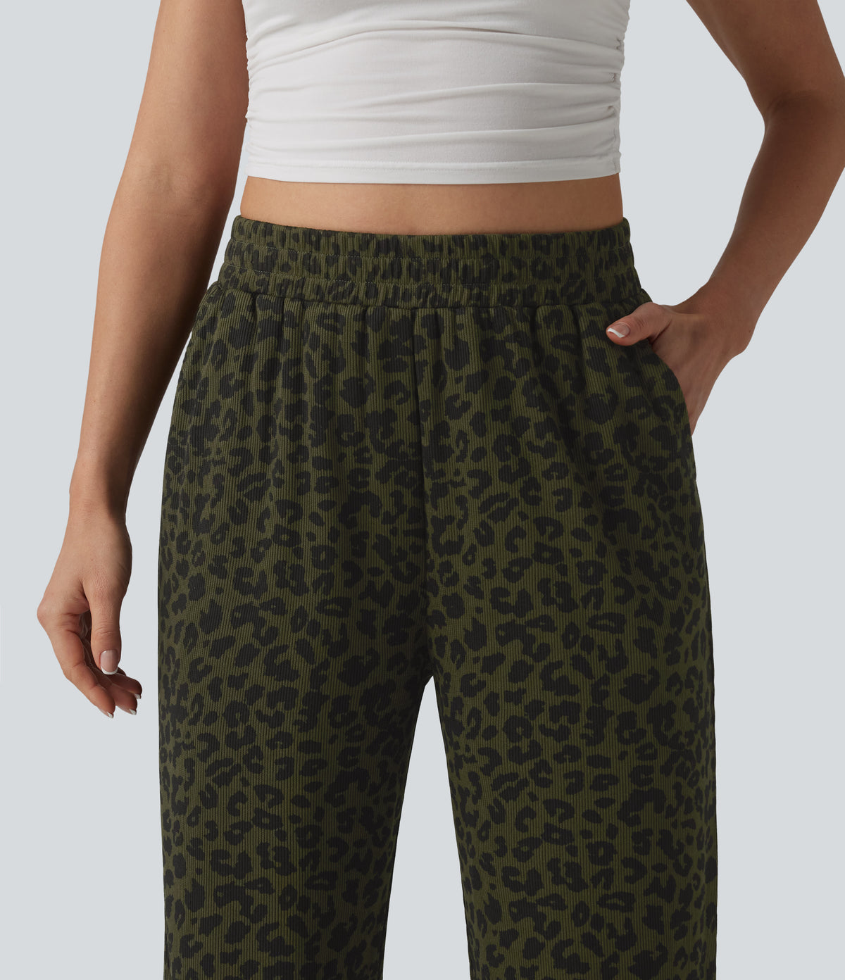 High Waisted Leopard Print Casual Cropped Baggy Joggers with Pockets — Olive Noir — view 4