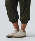 High Waisted Leopard Print Casual Cropped Baggy Joggers with Pockets — Olive Noir — view 6