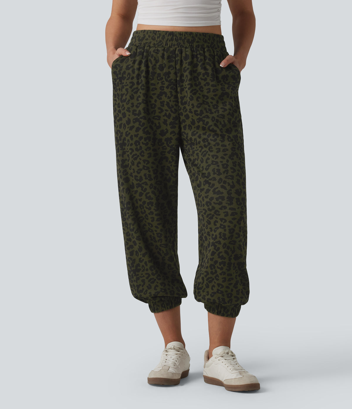 High Waisted Leopard Print Casual Cropped Baggy Joggers with Pockets — Olive Noir — view 3