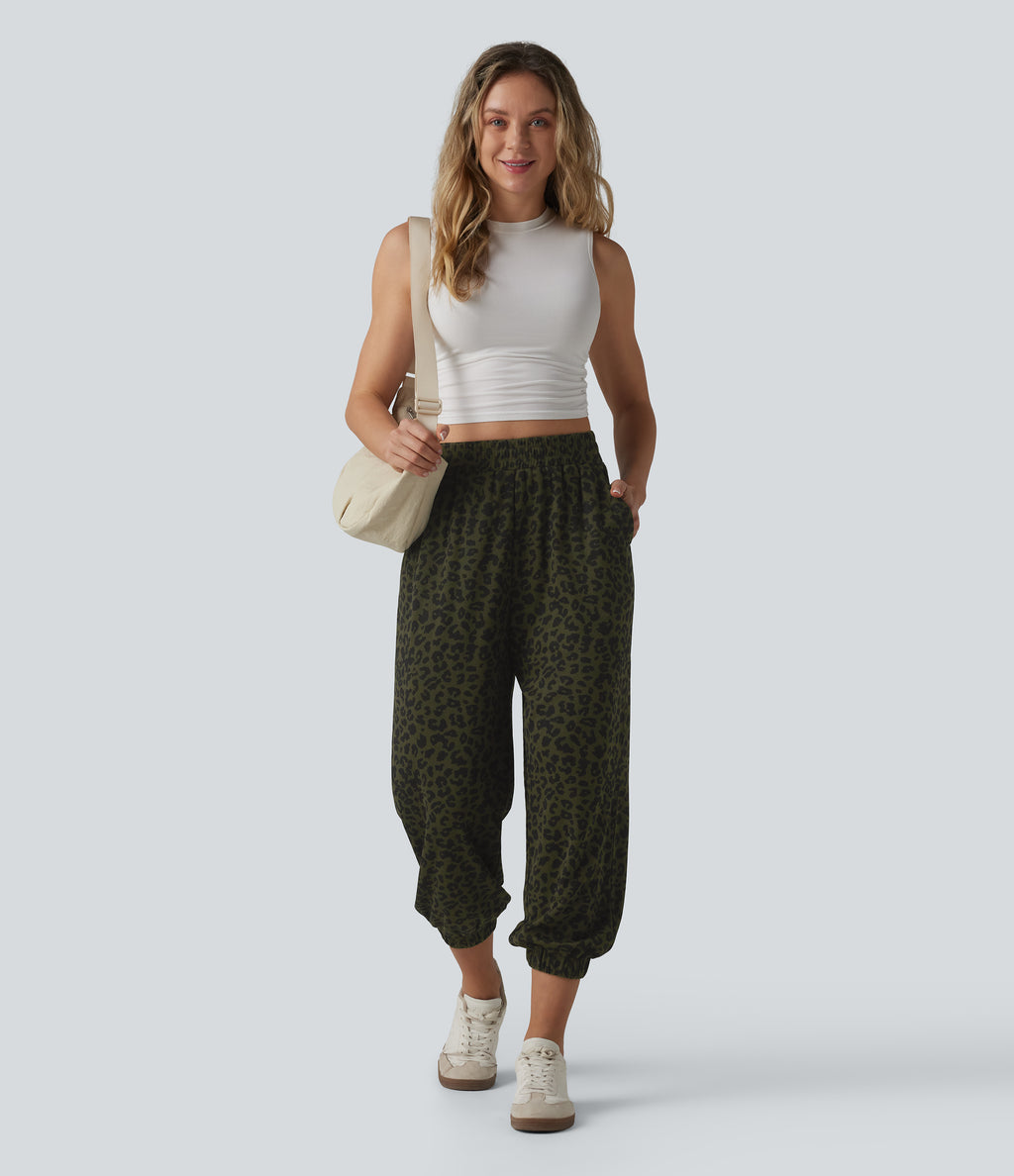 High Waisted Leopard Print Casual Cropped Baggy Joggers with Pockets — Olive Noir — view 7
