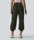High Waisted Leopard Print Casual Cropped Baggy Joggers with Pockets — Olive Noir — view 2