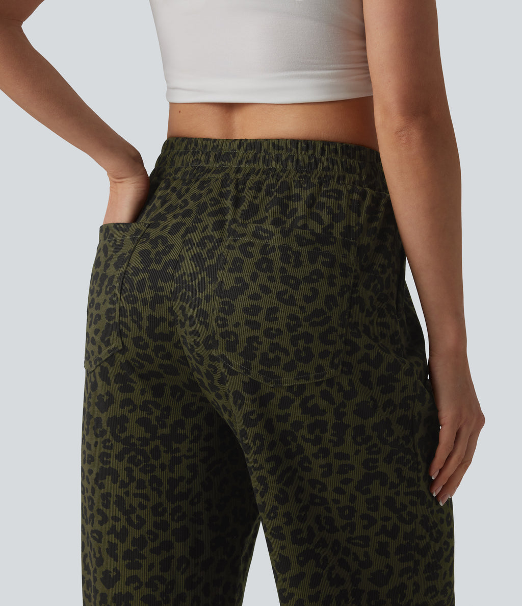 High Waisted Leopard Print Casual Cropped Baggy Joggers with Pockets — Olive Noir — view 5