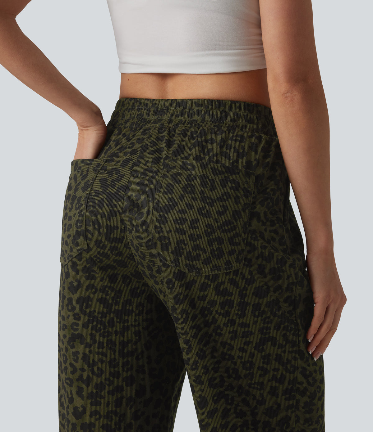 High Waisted Leopard Print Casual Cropped Baggy Joggers with Pockets — Olive Noir — view 5