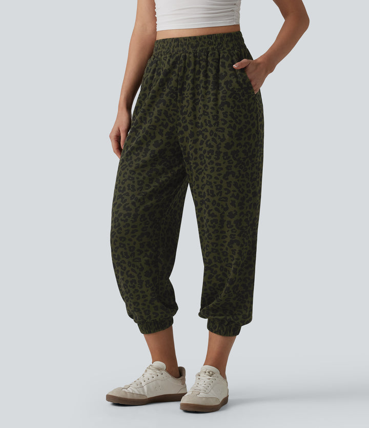High Waisted Leopard Print Casual Cropped Baggy Joggers with Pockets — Olive Noir — view 1