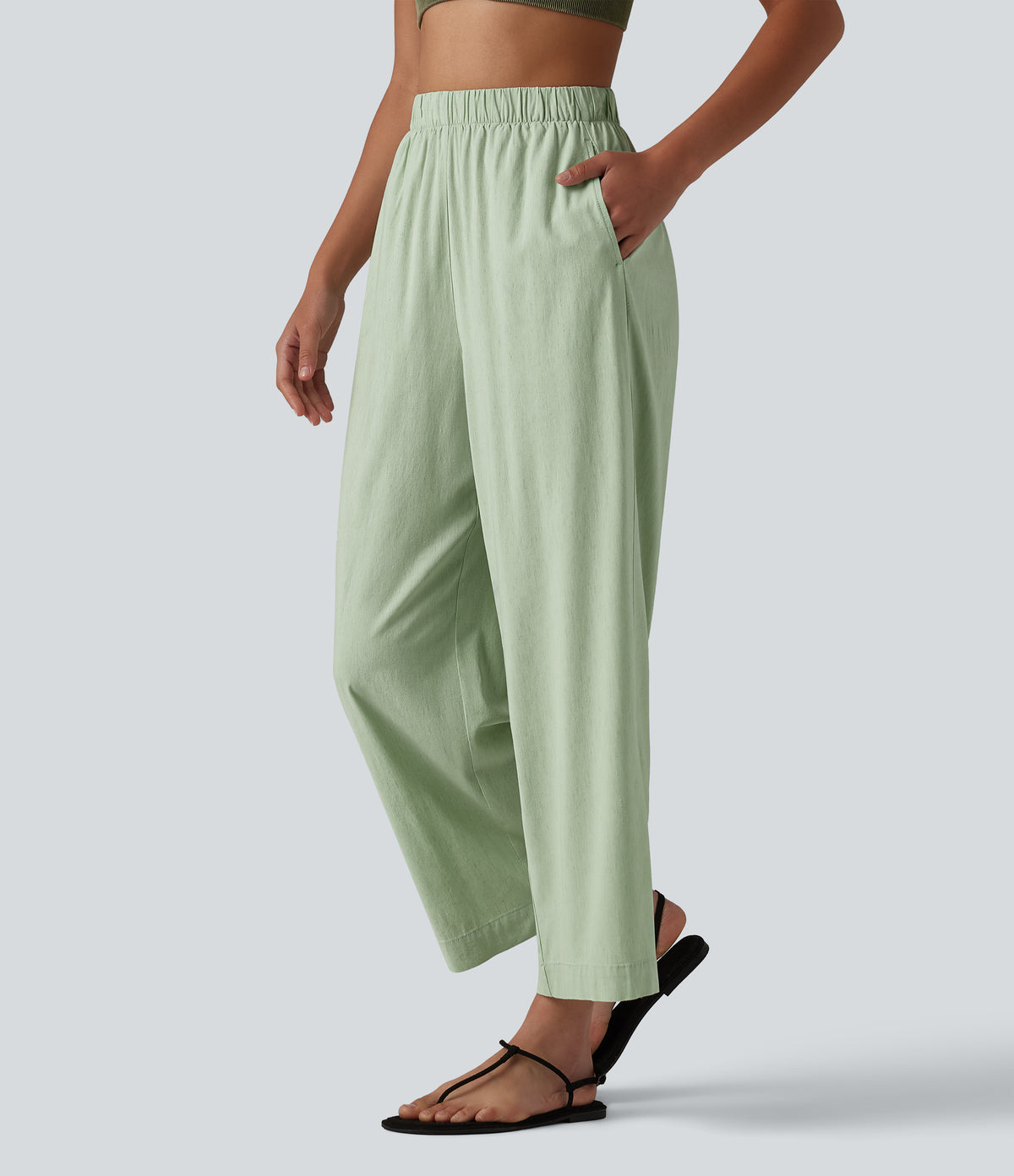 High Waisted Straight Leg 7/8 Casual Stretch Linen Trousers with Pockets — Mist Meadow Green — view 1
