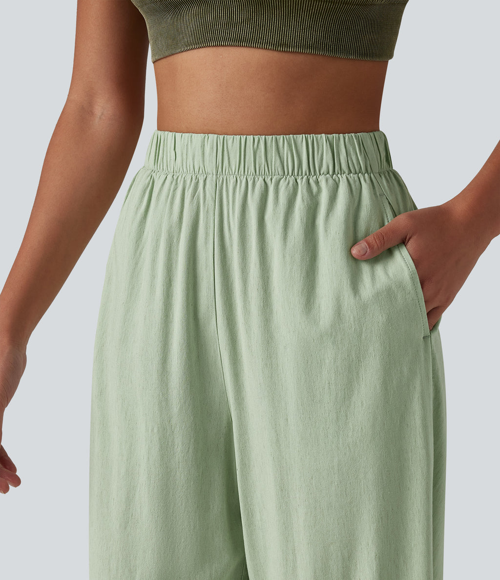High Waisted Straight Leg 7/8 Casual Stretch Linen Trousers with Pockets — Mist Meadow Green — view 5