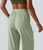 High Waisted Straight Leg 7/8 Casual Stretch Linen Trousers with Pockets — Mist Meadow Green — view 6