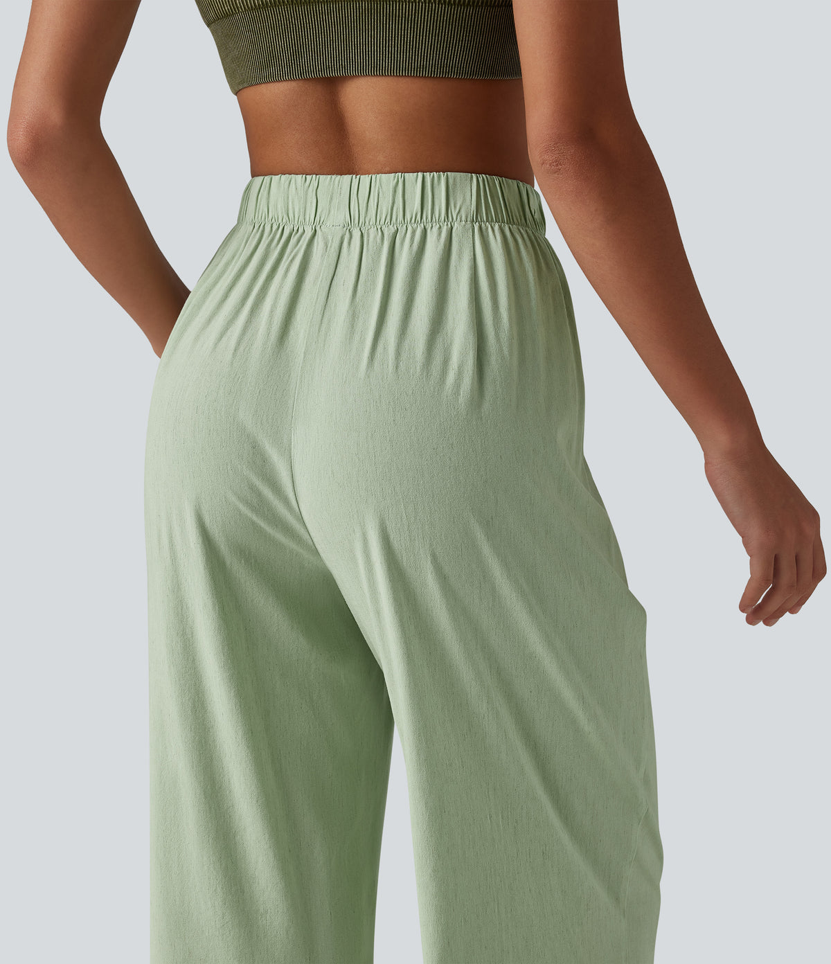 High Waisted Straight Leg 7/8 Casual Stretch Linen Trousers with Pockets — Mist Meadow Green — view 6