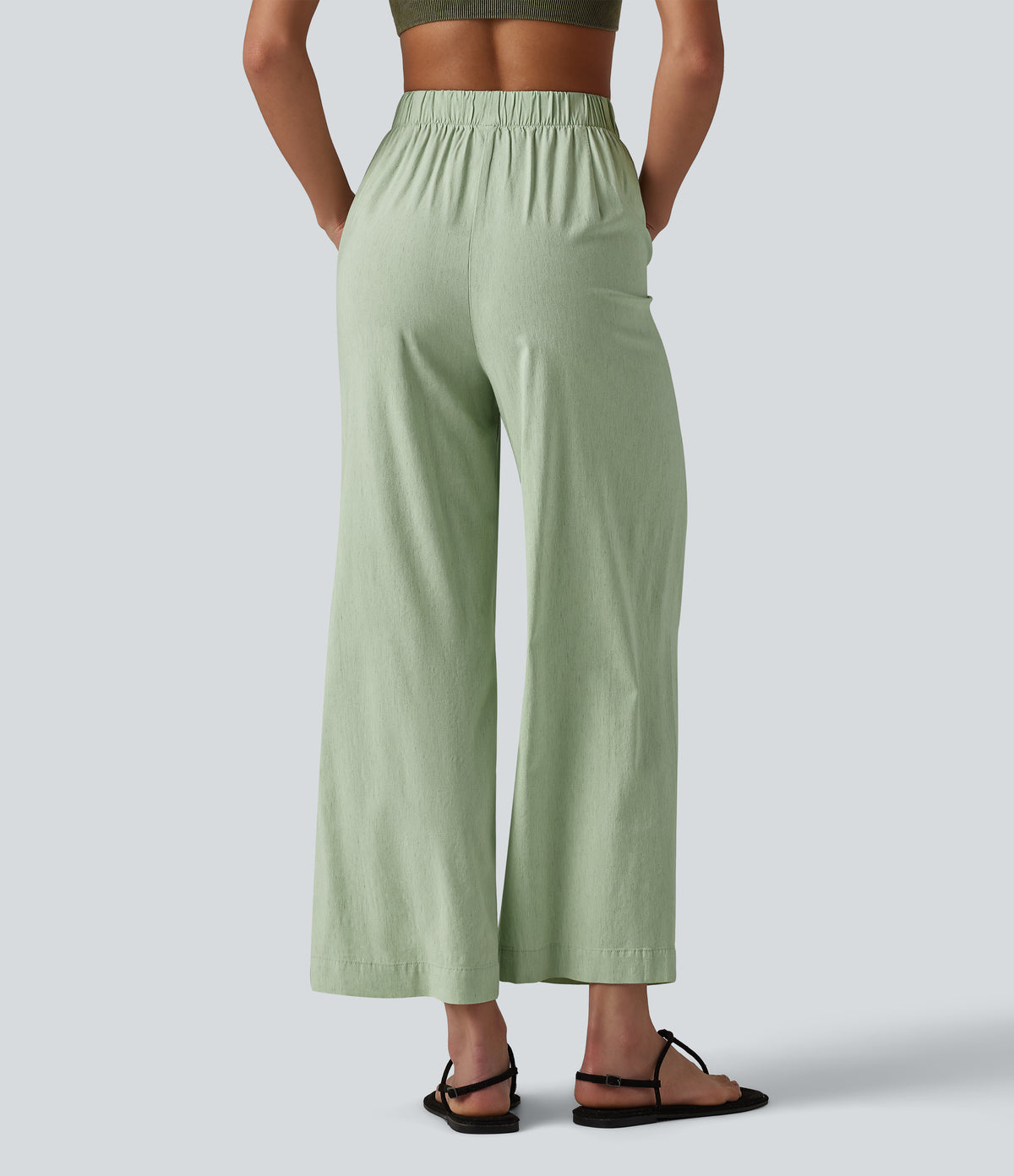 High Waisted Straight Leg 7/8 Casual Stretch Linen Trousers with Pockets — Mist Meadow Green — view 2