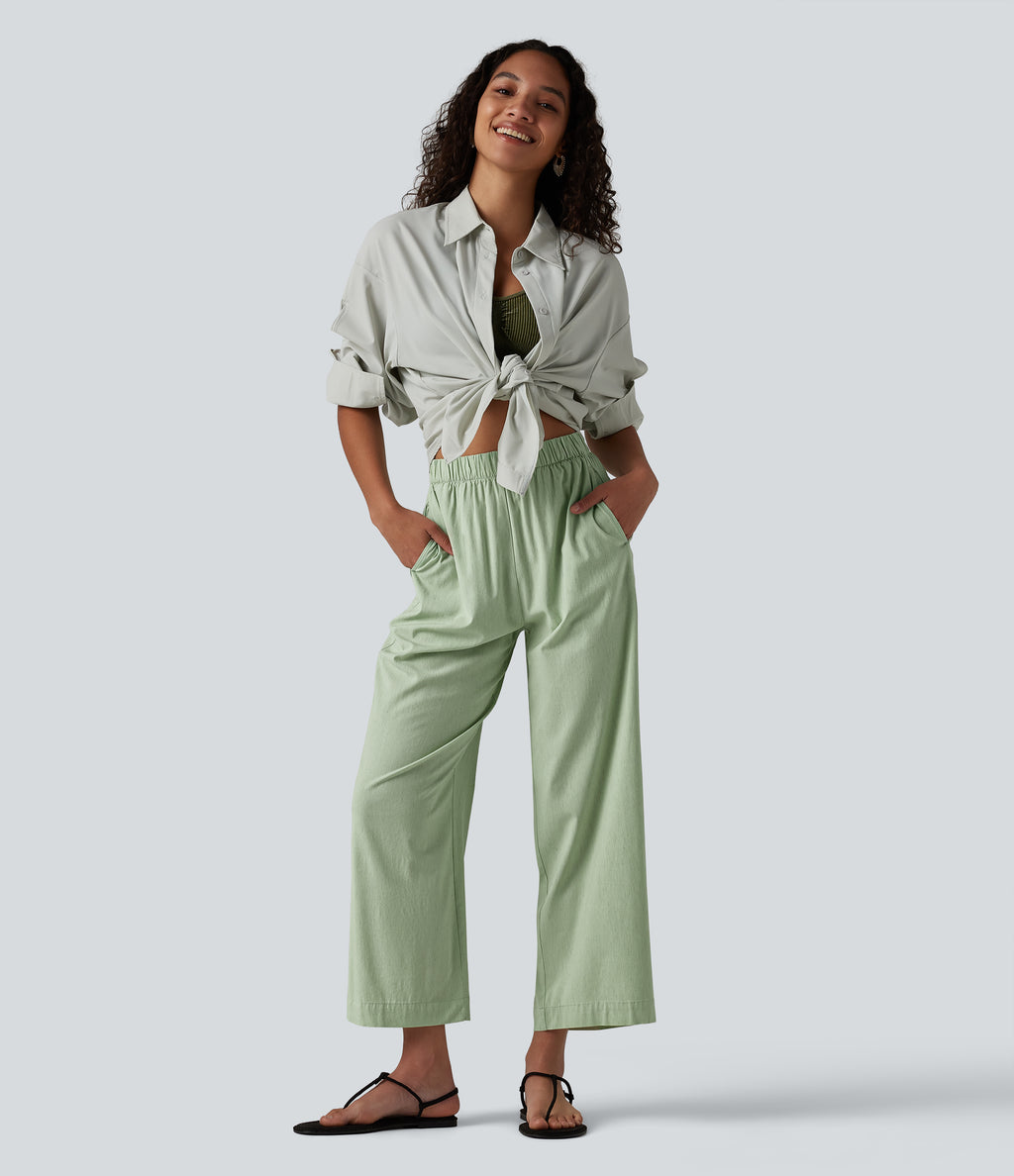 High Waisted Straight Leg 7/8 Casual Stretch Linen Trousers with Pockets — Mist Meadow Green — view 7