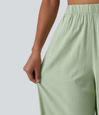High Waisted Straight Leg 7/8 Casual Stretch Linen Trousers with Pockets — Mist Meadow Green — view 4