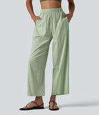 High Waisted Straight Leg 7/8 Casual Stretch Linen Trousers with Pockets — Mist Meadow Green — view 3