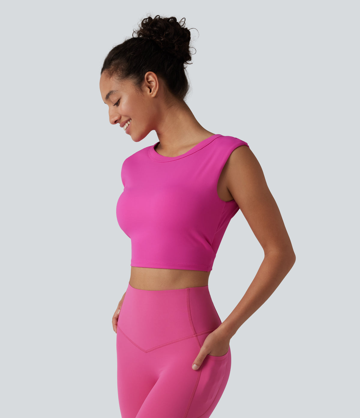 Airy Round Neck Built-in Bra Sleeveless InstantCool Cropped Yoga Sports Top — Fuchsia Fedora — view 3