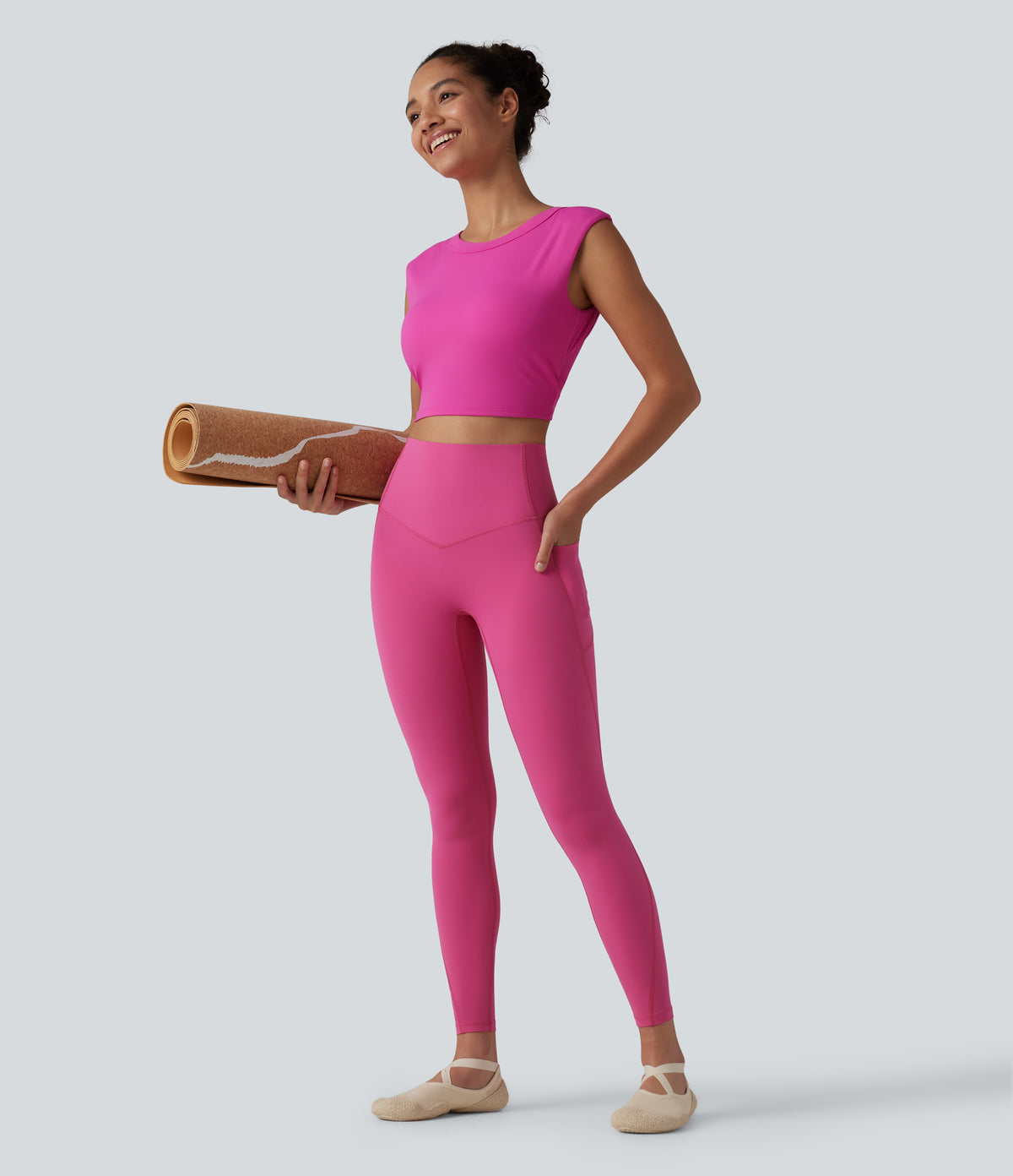 Airy Round Neck Built-in Bra Sleeveless InstantCool Cropped Yoga Sports Top — Fuchsia Fedora — view 7