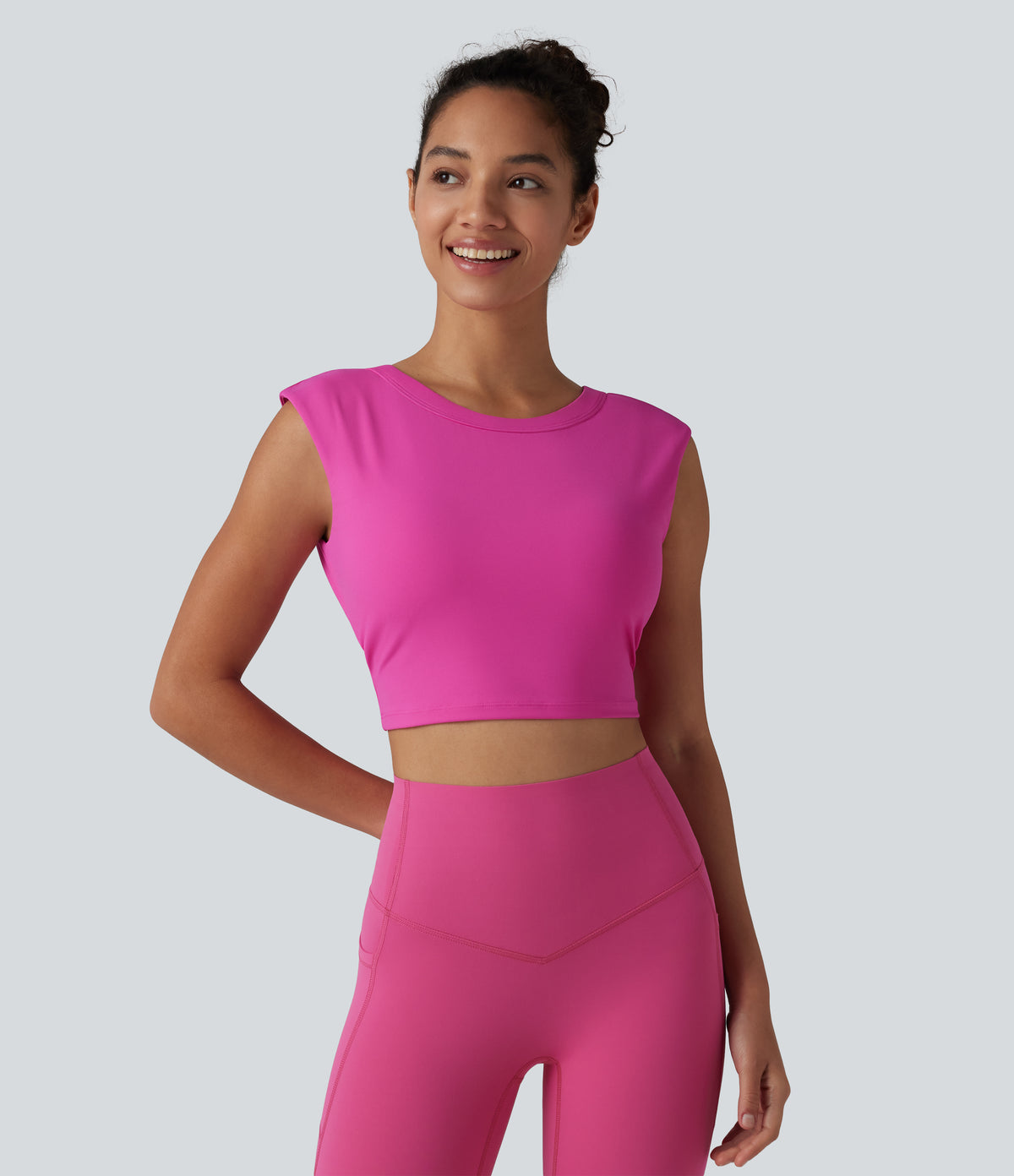 Airy Round Neck Built-in Bra Sleeveless InstantCool Cropped Yoga Sports Top — Fuchsia Fedora — view 2