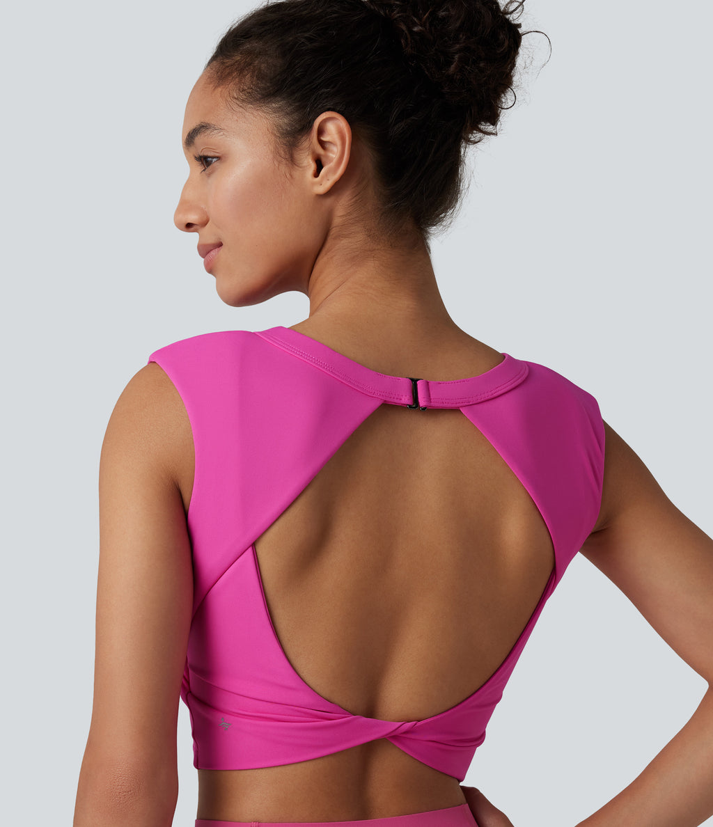 Airy Round Neck Built-in Bra Sleeveless InstantCool Cropped Yoga Sports Top — Fuchsia Fedora — view 1