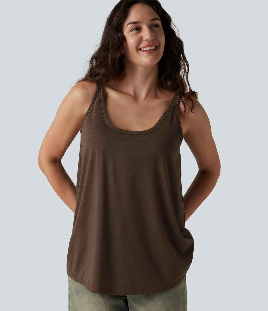 U-Neck Built-in Bra Loose Fit Casual Tank Top — Coffee Bean — view 6