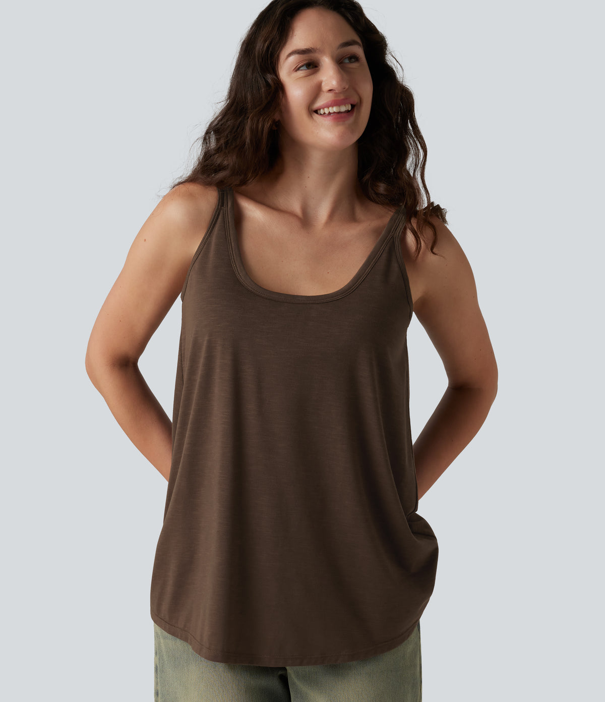 U-Neck Built-in Bra Loose Fit Casual Tank Top — Coffee Bean — view 6