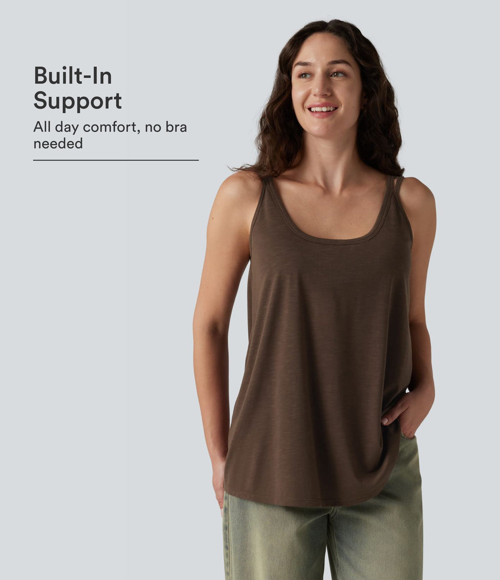 U-Neck Built-in Bra Loose Fit Casual Tank Top — Coffee Bean — view 1