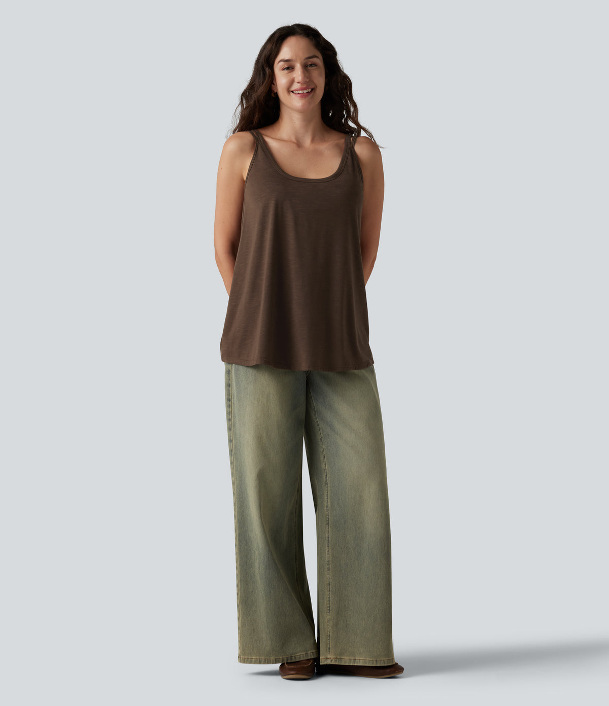 U-Neck Built-in Bra Loose Fit Casual Tank Top — Coffee Bean — view 8
