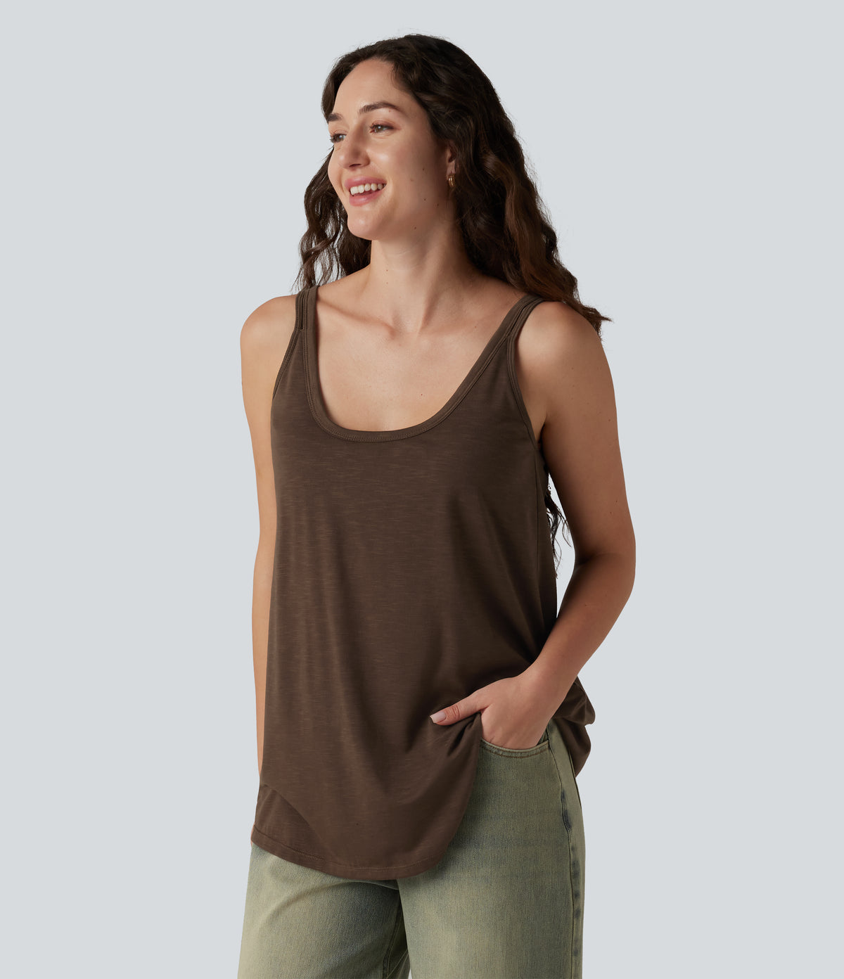 U-Neck Built-in Bra Loose Fit Casual Tank Top — Coffee Bean — view 3