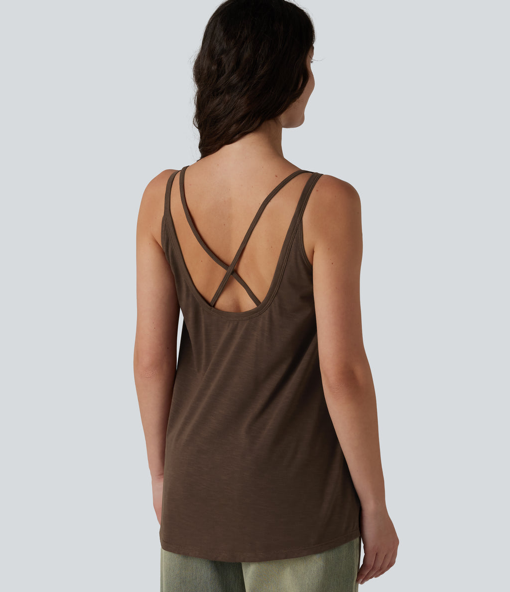 U-Neck Built-in Bra Loose Fit Casual Tank Top — Coffee Bean — view 7