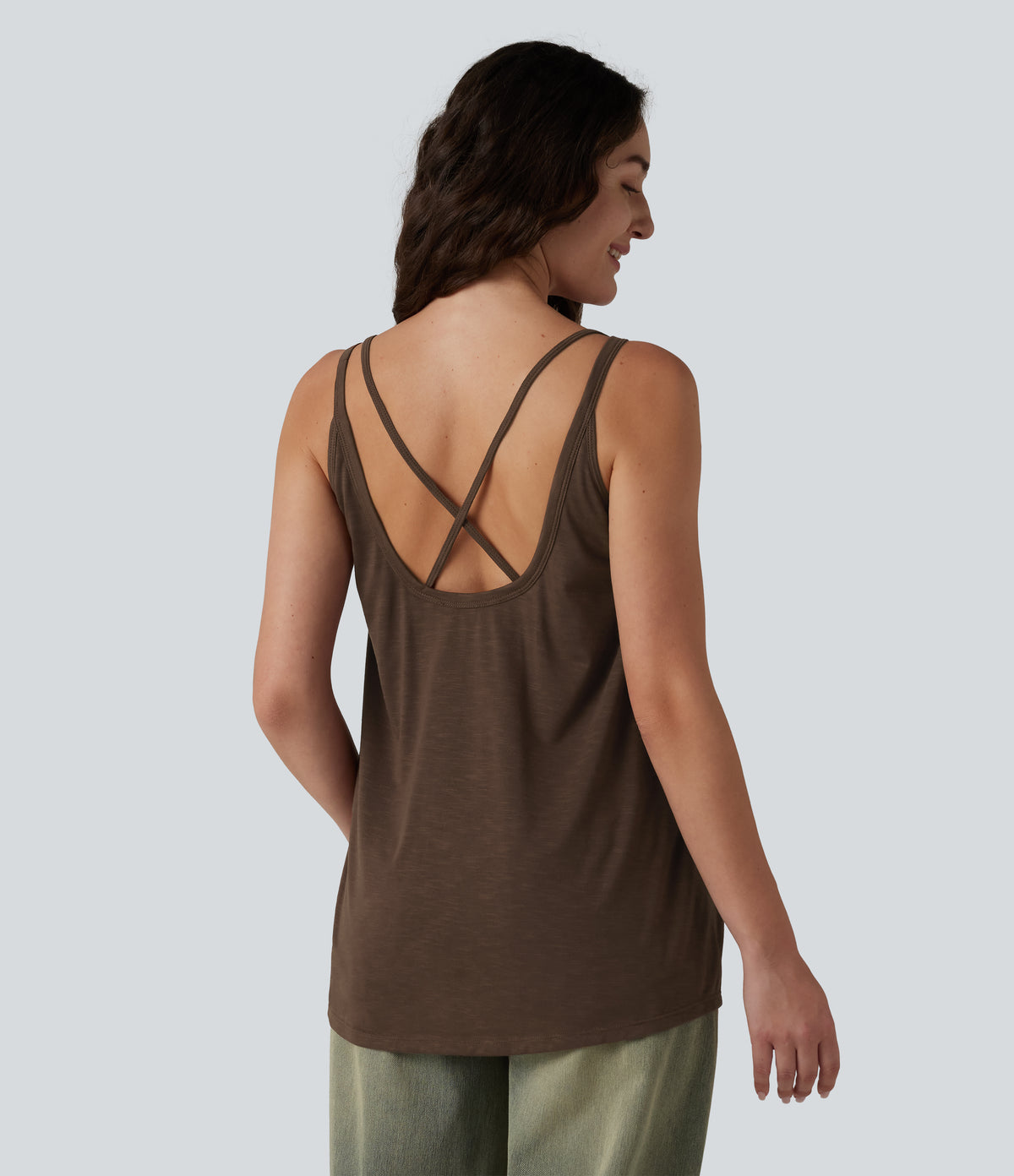 U-Neck Built-in Bra Loose Fit Casual Tank Top — Coffee Bean — view 2
