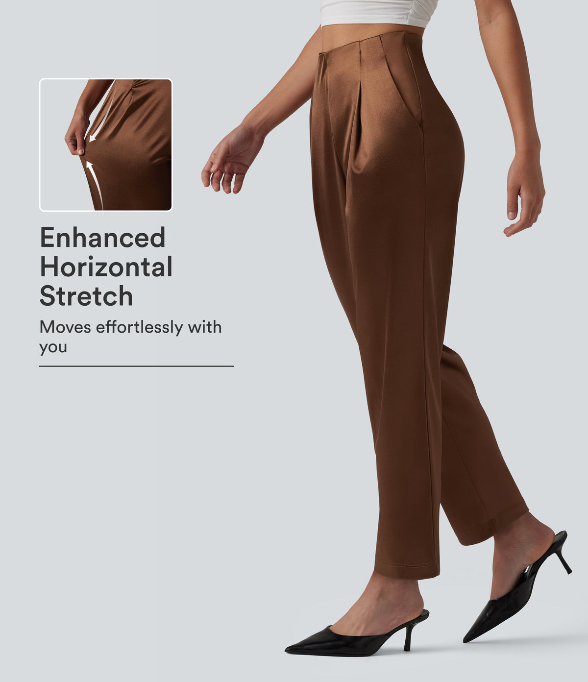 High Waisted Satin Work Tapered Pants with Pockets — Coffee — view 1