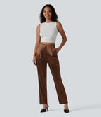 High Waisted Satin Work Tapered Pants with Pockets — Coffee — view 2