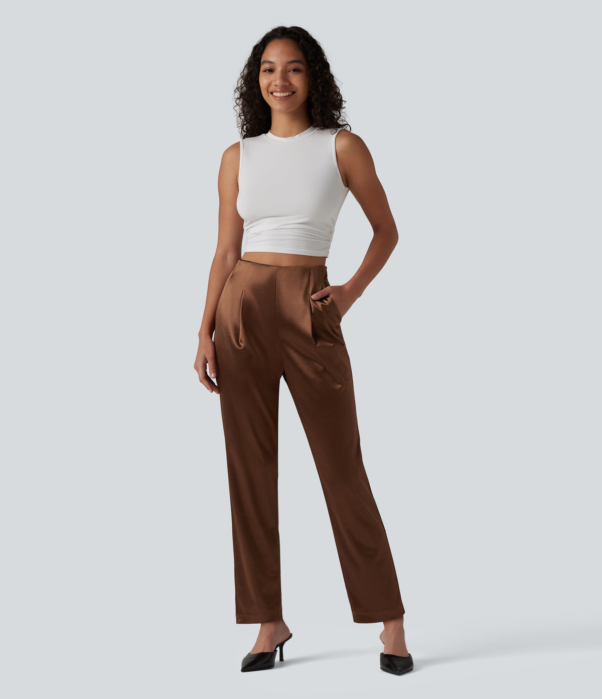 High Waisted Satin Work Tapered Pants with Pockets — Coffee — view 2