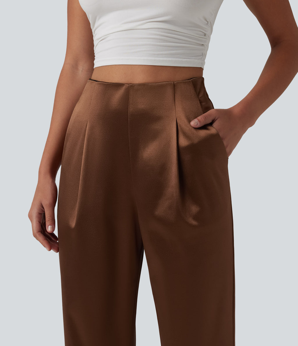 High Waisted Satin Work Tapered Pants with Pockets — Coffee — view 6