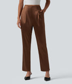 High Waisted Satin Work Tapered Pants with Pockets — Coffee — view 4