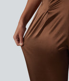 High Waisted Satin Work Tapered Pants with Pockets — Coffee — view 5