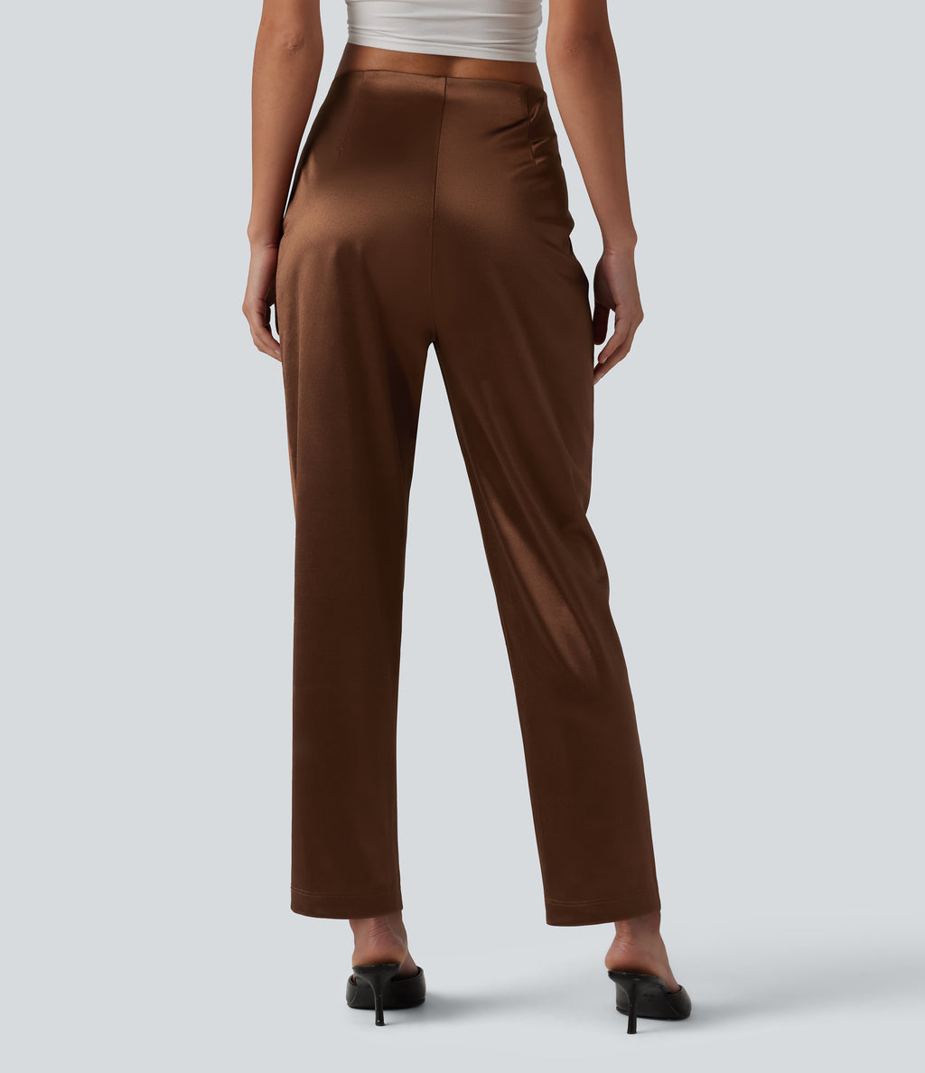 High Waisted Satin Work Tapered Pants with Pockets — Coffee — view 3