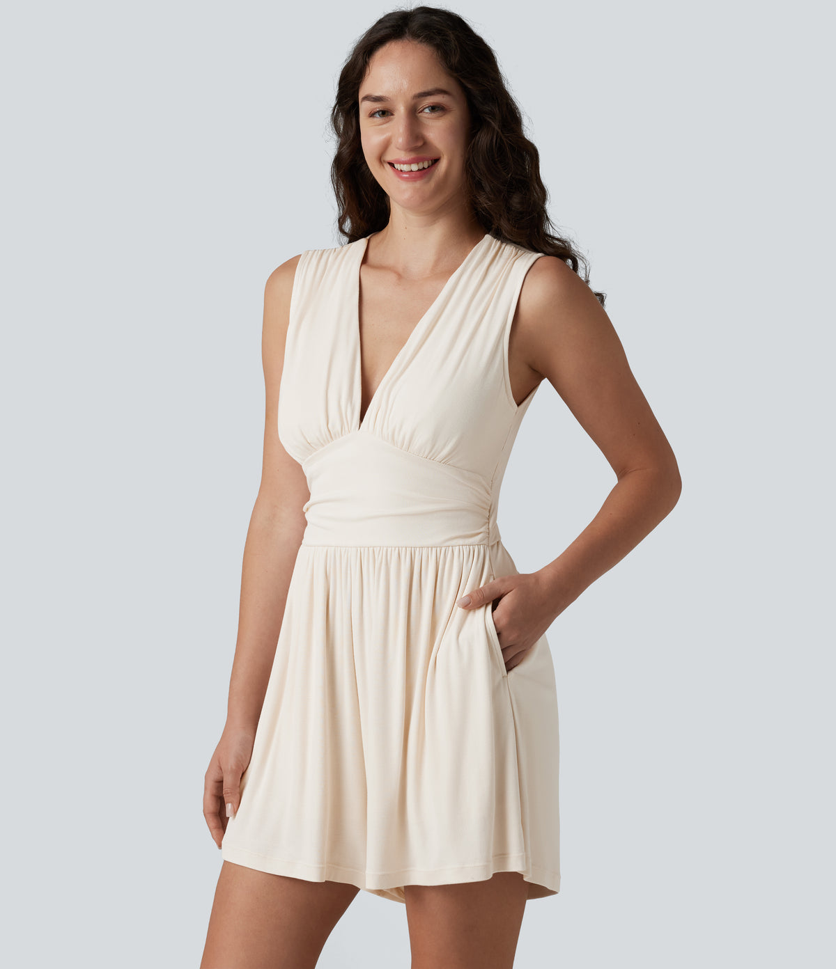 Ribbed V-neck Sleeveless Ruched Built-in Bra 2-in-1 Casual Playsuit with Pockets — Rice Khaki — view 5