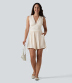 Ribbed V-neck Sleeveless Ruched Built-in Bra 2-in-1 Casual Playsuit with Pockets — Rice Khaki — view 6