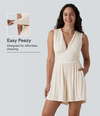 Ribbed V-neck Sleeveless Ruched Built-in Bra 2-in-1 Casual Playsuit with Pockets — Rice Khaki — view 1
