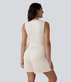Ribbed V-neck Sleeveless Ruched Built-in Bra 2-in-1 Casual Playsuit with Pockets — Rice Khaki — view 2