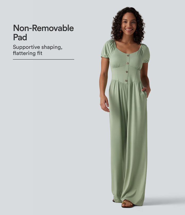 V Neck Puff Short Sleeve Non-Removable Pad Corset Jumpsuit with Pockets — Iceberg Green — view 1
